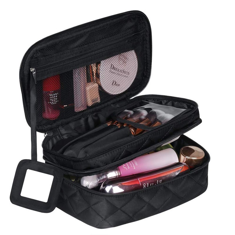 CGBOOM Make Up Bag Organiser for Women, Travel Cosmetic Bag Waterproof with Brush Compartment and Mirror(9" * 5.5" * 3.9"), Portable Double Layers Large Capacity Make up Case - Image 1