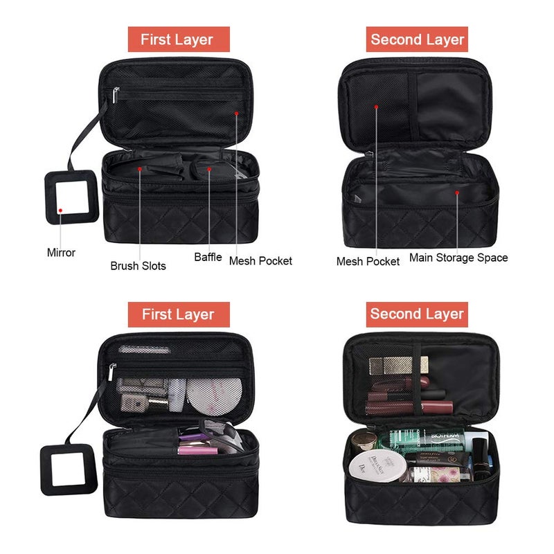 CGBOOM Make Up Bag Organiser for Women, Travel Cosmetic Bag Waterproof with Brush Compartment and Mirror(9" * 5.5" * 3.9"), Portable Double Layers Large Capacity Make up Case - Image 2