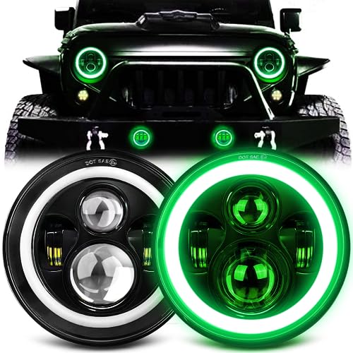 MGLLIGHT 7 Inch Halo LED Headlight with Green DRL Amber Turn Signal Light DOT Approved 7 inch led headlight Compatible with Wrangler Halo Headlights JK TJ LJ CJ, Green Halo - Image 1