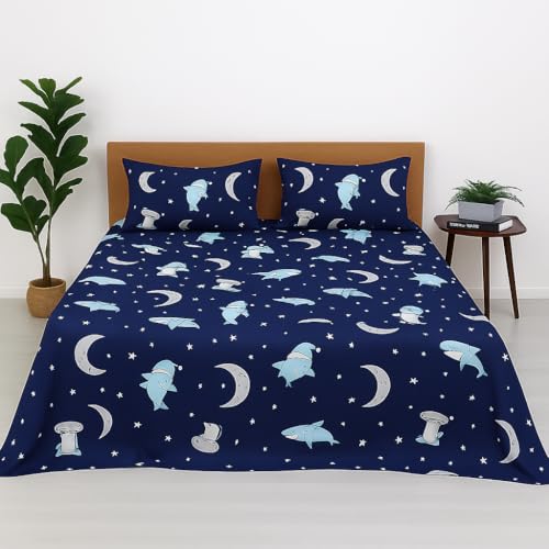 Bhoomi Impex Kids Bedsheet Double Size 90x100 Inch - Moonlit Sharks Print - Fun, Colorful & Soft Microfiber Bed Sheet with 2 Pillow Covers - Wrinkle-Free & Cozy Bedding for Boys & Girls - Image 1
