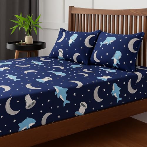 Bhoomi Impex Kids Bedsheet Double Size 90x100 Inch - Moonlit Sharks Print - Fun, Colorful & Soft Microfiber Bed Sheet with 2 Pillow Covers - Wrinkle-Free & Cozy Bedding for Boys & Girls - Image 2