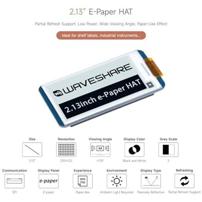 Waveshare 2.13Inch E-Ink Display Hat V4 Version Compatible With Raspberry Pi Raspberry Pi 5/4B/3B/Zero/Zero W/Zero 2W/Pico/Pico W/Pico Wh, 250X122 Resolution Spi Interface Supports Partial Refresh - Image 3