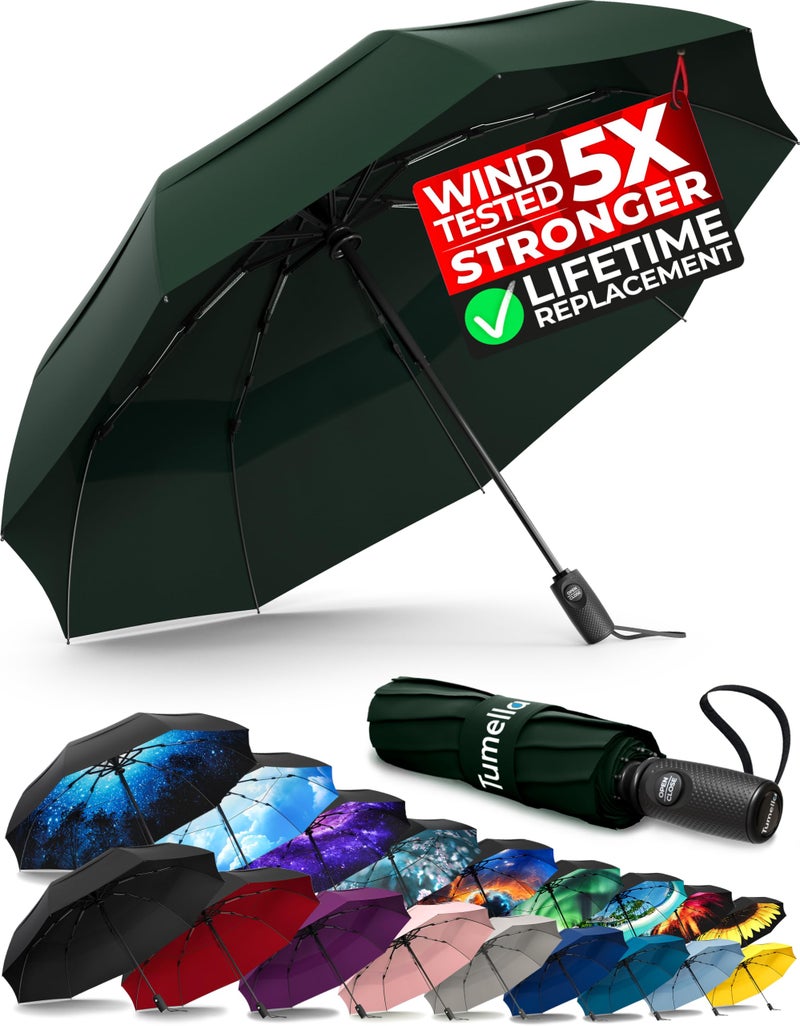 TUMELLA Strongest Windproof Travel Umbrella (Compact, Superior & Beautiful), Small Strong but Light Portable and Automatic Folding Rain Umbrella, Durable Premium Grip, Fits Car and Backpack - Image 1