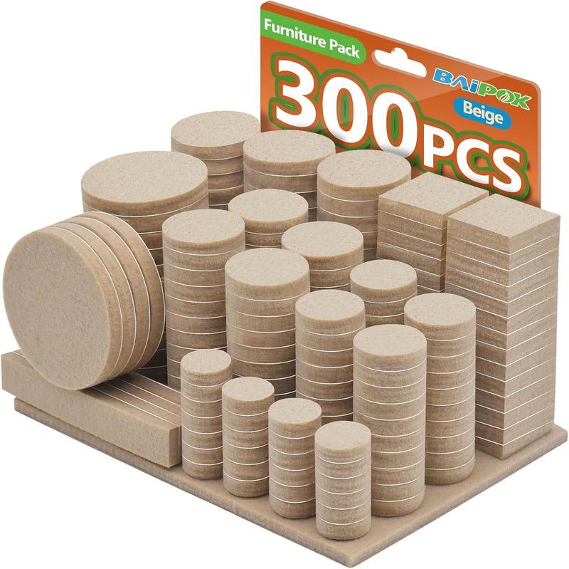 BAIPOK Furniture Pads 300 Pack Premium Furniture Felt Pads (Beige), Huge Quantity Self Adhesive Anti Scratch Floor Protector for Furniture Legs Hardwood with 60 Cabinet Door Bumpers - Image 1