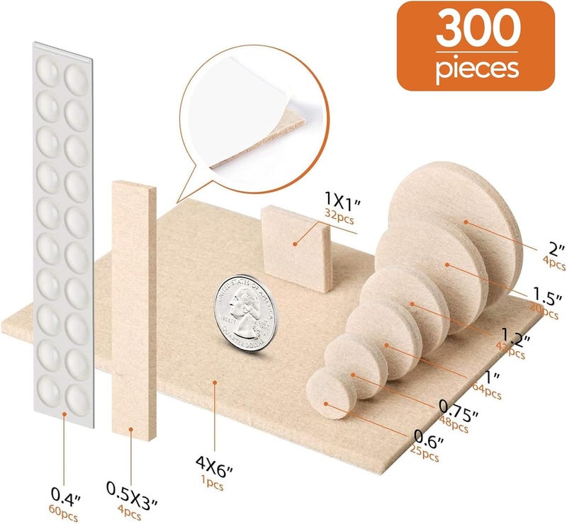 BAIPOK Furniture Pads 300 Pack Premium Furniture Felt Pads (Beige), Huge Quantity Self Adhesive Anti Scratch Floor Protector for Furniture Legs Hardwood with 60 Cabinet Door Bumpers - Image 4