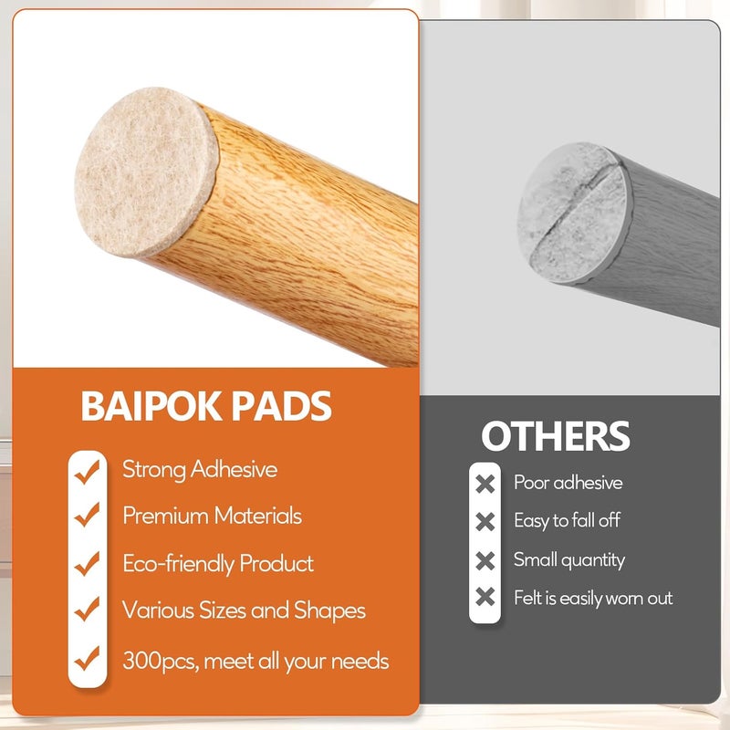BAIPOK Furniture Pads 300 Pack Premium Furniture Felt Pads (Beige), Huge Quantity Self Adhesive Anti Scratch Floor Protector for Furniture Legs Hardwood with 60 Cabinet Door Bumpers - Image 2
