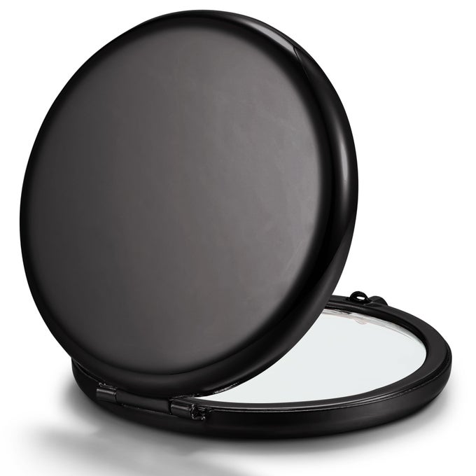 COMPACT MIRROR FOR PURSE DOUBLESIDED 1X2X MAGNIFYING METAL POCKET MAKEUP MIRRORSROUND ONYX BLACK