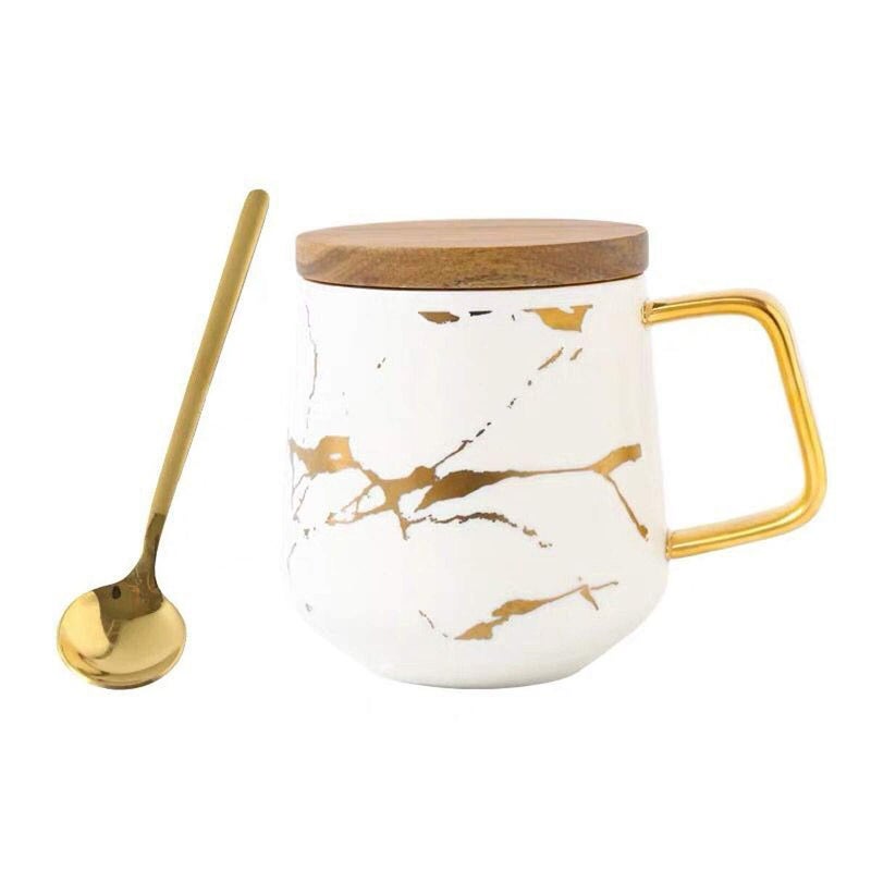 Eplze YBK Tech Porcelain Tea Cup Coffee Mug Set for Afternoon Tea  Marble Pattern White Tall 400ml  wood lid