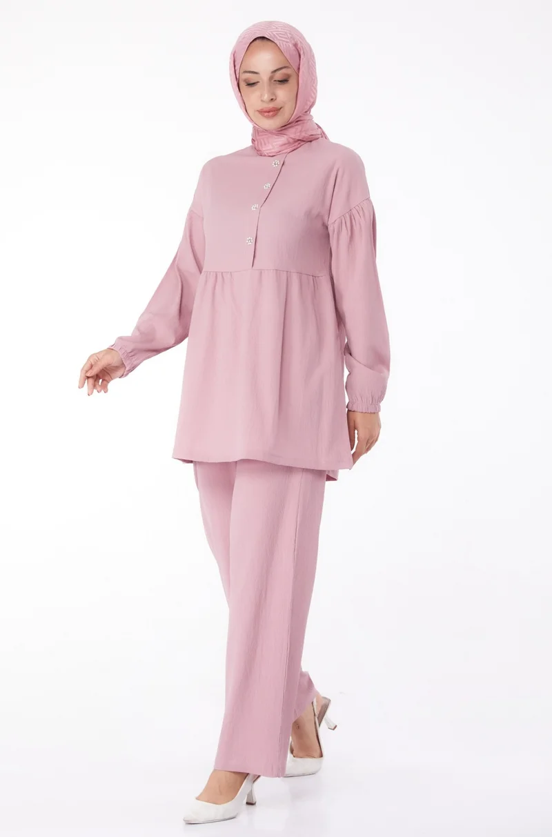Tofisa Plain Crew Neck Women's Pink Tunic + Trousers - 11629