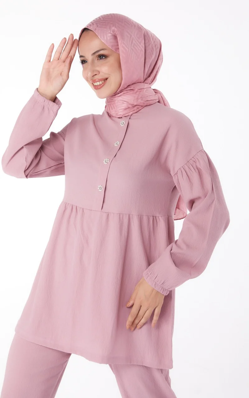 Tofisa Plain Crew Neck Women's Pink Tunic + Trousers - 11629