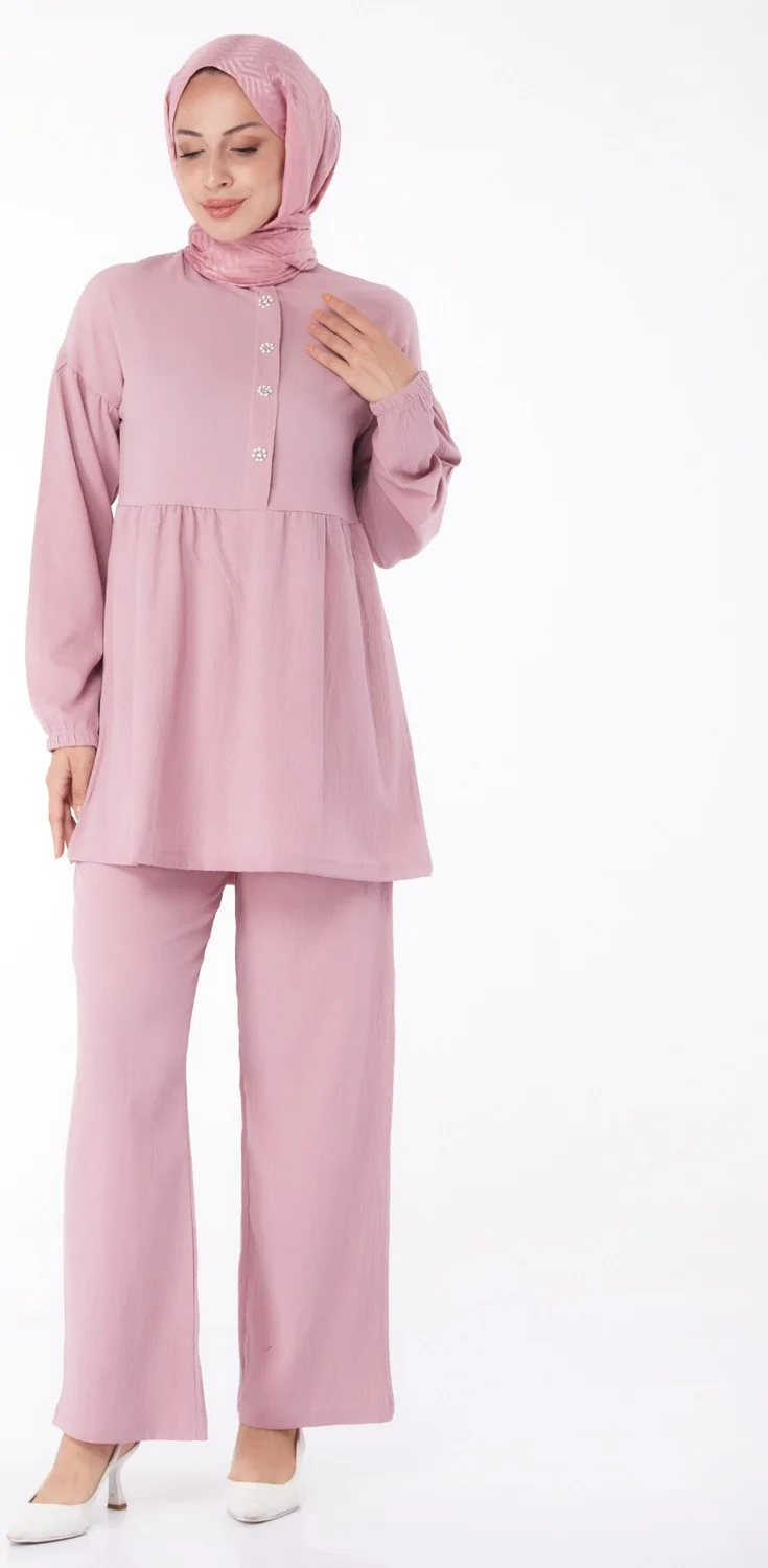 Tofisa Plain Crew Neck Women's Pink Tunic + Trousers - 11629
