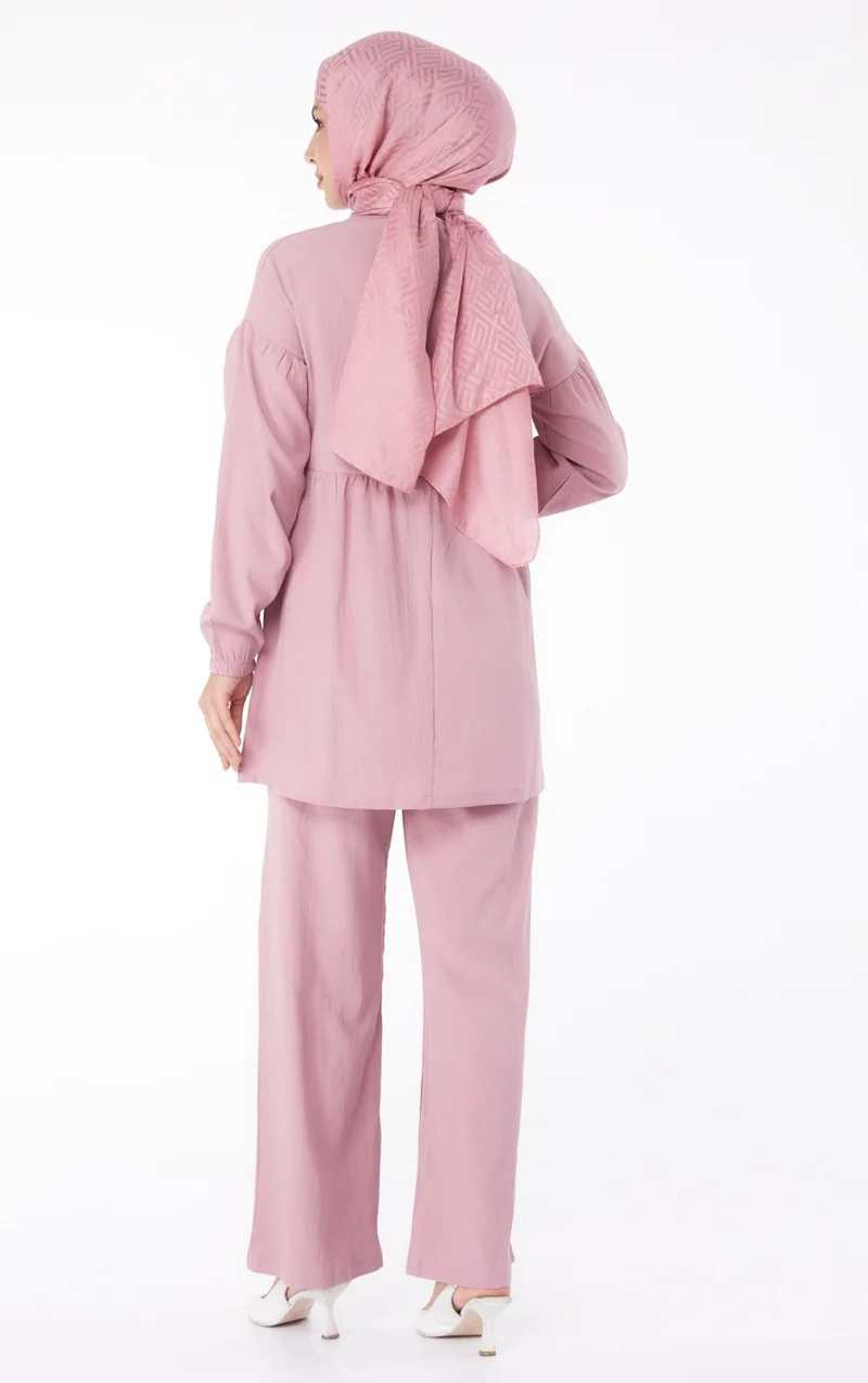 Tofisa Plain Crew Neck Women's Pink Tunic + Trousers - 11629