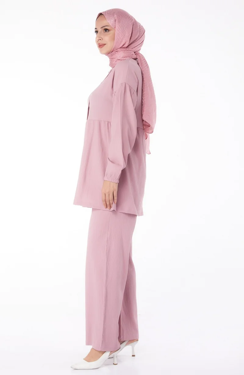 Tofisa Plain Crew Neck Women's Pink Tunic + Trousers - 11629