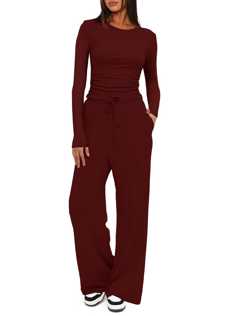 Darong Womens 2 Piece Outfit Long Sleeve Pullover Tops Wide Leg Pants Set Tracksuits 9065A Wine Red L - Image 1