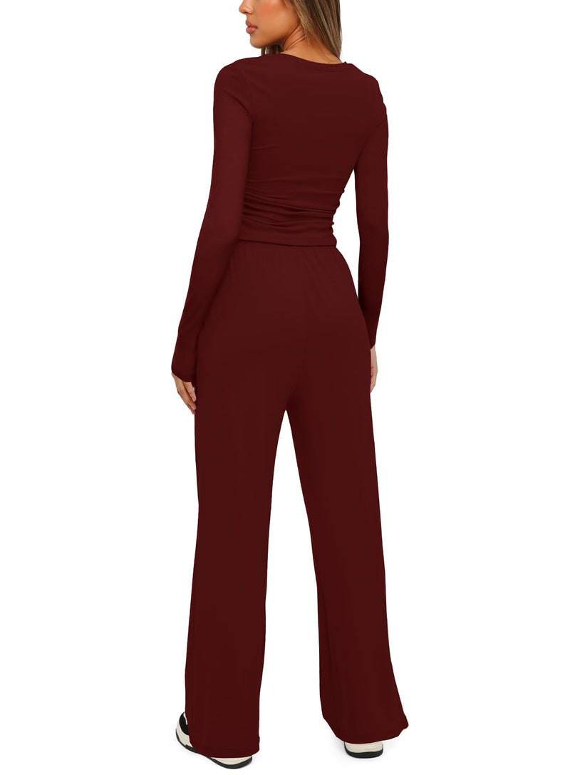 Darong Womens 2 Piece Outfit Long Sleeve Pullover Tops Wide Leg Pants Set Tracksuits 9065A Wine Red L - Image 2