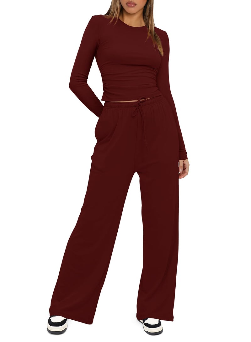 Darong Womens 2 Piece Outfit Long Sleeve Pullover Tops Wide Leg Pants Set Tracksuits 9065A Wine Red L - Image 3