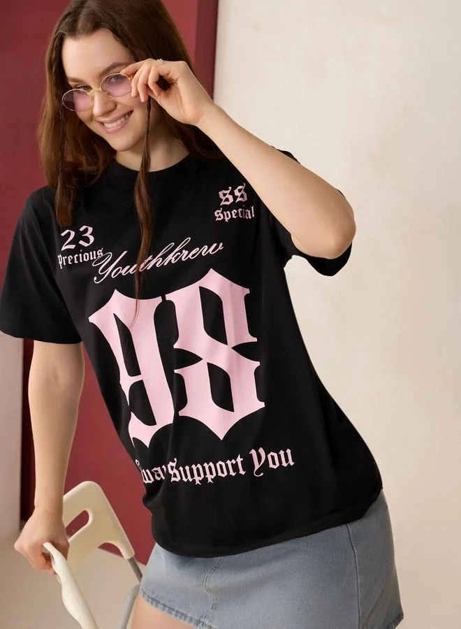 OUTZIDR Black Graphic Oversized T-Shirt