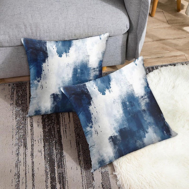 Britimes Throw Pillow Covers Modern Home Art Decor, 20 x 20 Inches Set of 2 Abstract Oil Painting Pillowcases for Bedroom, Living Room, Cushion Couch Sofa, Abstract White Navy Blue - Image 3
