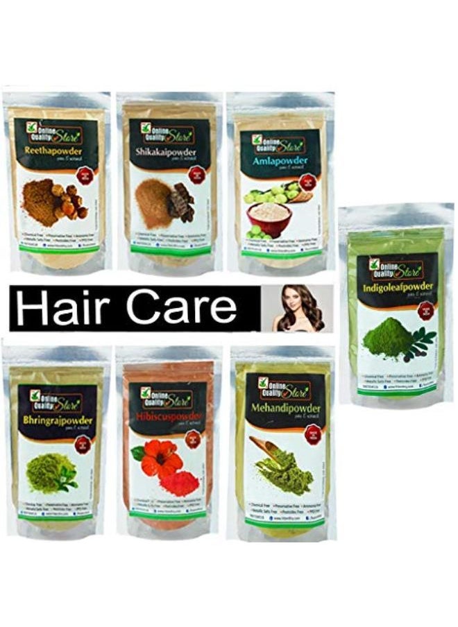 Online Quality Store ريثا (200 جم) + أملا (200 جم) + شيكاكاي (200 جم) + بهرينجراج (200 جم) + كركديه (200 جم) + مهندي (200 جم) + مسحوق نيلي مجاني (200 جم) للشعر، 1400 جم  - Image 1