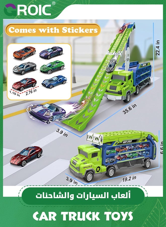 GROIC Racing Car Track Truck Toy,Car Truck Toys,Car Carrier Truck Toys for Kids,Foldable Car Track Sets with 2.8-Ft Race Track and 6 Die-Cast Race Cars, Transport Carrier Trucks  - Image 2