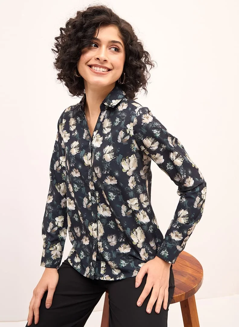 Salt Attire Women's Multi-Color Floral Print Shirt | V-Neck Collared Top with Button-Down Opening, Full-Length Sleeves & Curved Hemline | Elegant, Versatile Casual Shirt