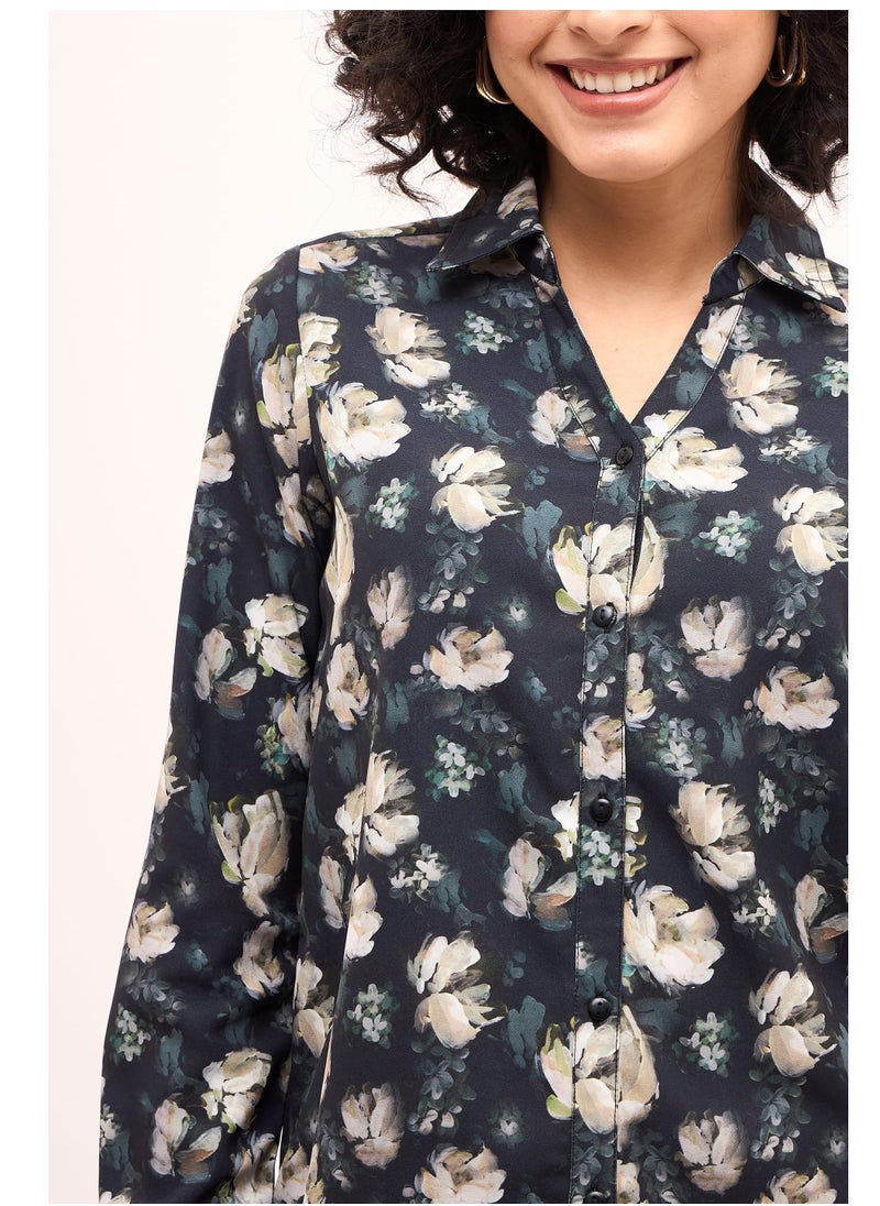 Salt Attire Women's Multi-Color Floral Print Shirt | V-Neck Collared Top with Button-Down Opening, Full-Length Sleeves & Curved Hemline | Elegant, Versatile Casual Shirt  - Image 4