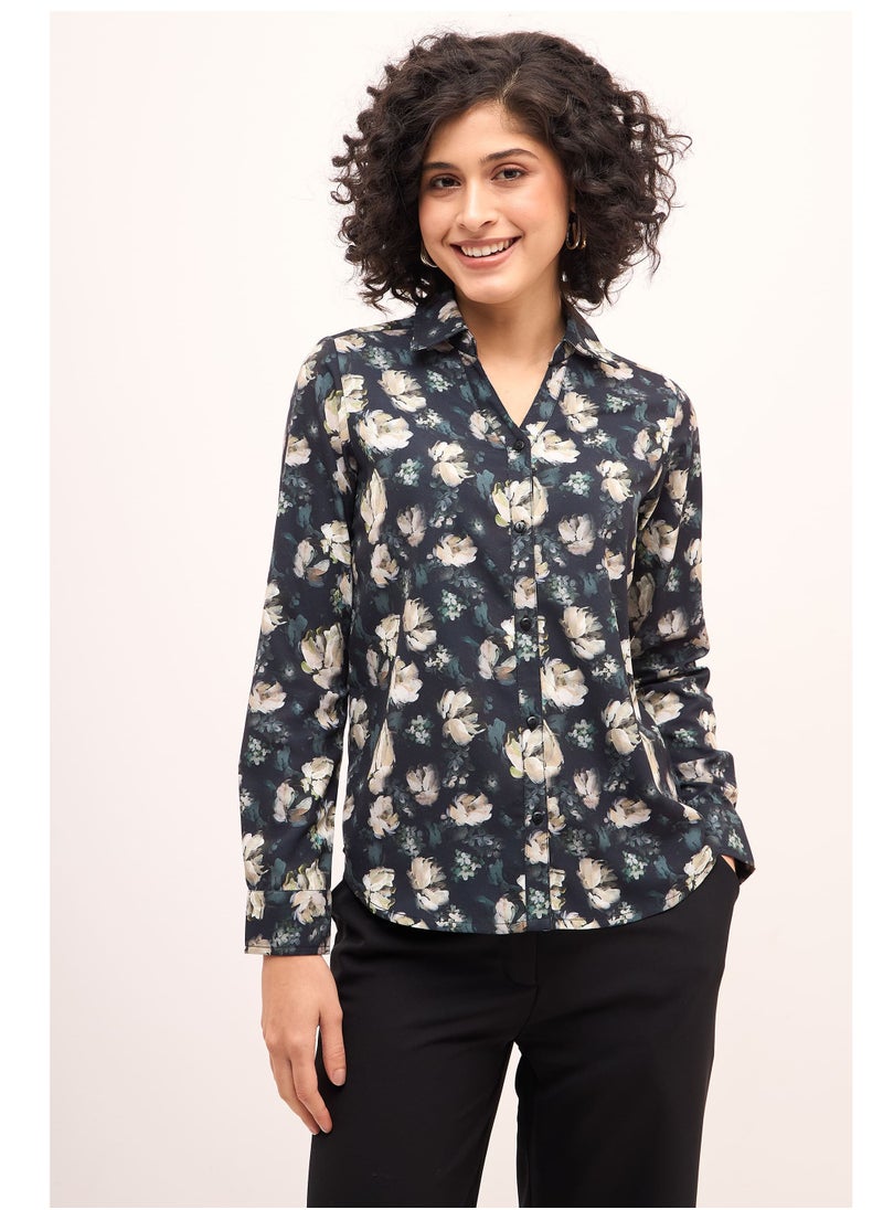 Salt Attire Women's Multi-Color Floral Print Shirt | V-Neck Collared Top with Button-Down Opening, Full-Length Sleeves & Curved Hemline | Elegant, Versatile Casual Shirt  - Image 1