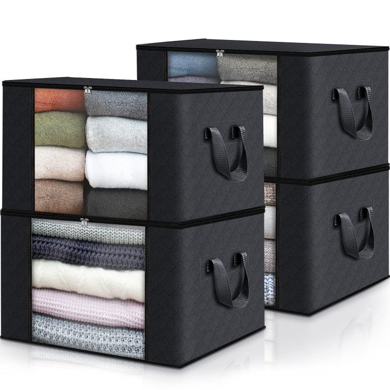 Fab totes 4 Pack Clothes Storage Foldable Thick Fabric Blanket Storage Bags Containers for Organizing Bedroom Closet Clothing ComforterCloset Organization with HandleBlack