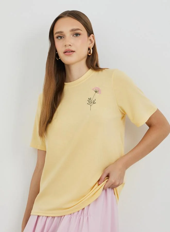 تايك تو Take Two Embroidered Round Neck T-Shirt