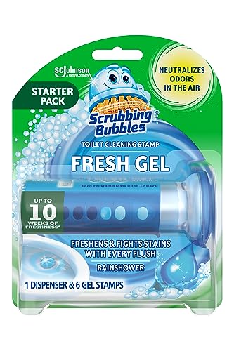 Scrubbing Bubbles Fresh Gel Toilet Bowl Cleaning Stamps, Helps Keep Toilet Clean and Helps Prevent Limescale & Rings, Rainshower Scent, 1 Dispenser with 6 Fresh Gel Stamps - Image 1