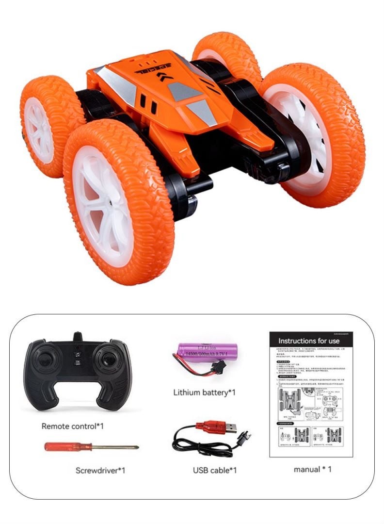 Children's Toy Car Remote Control Stunt Car Double-sided Rotating Rolling Remote Control Car with Charging Cable for Boys Orange - Image 1