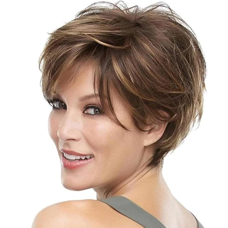 QUEENTAS Short Hair Wigs for Women Brown Pixie Bob Wig Pixie Cut Wig for Women Synthetic Hair Wigs with Bangs Brown Mixed Blonde