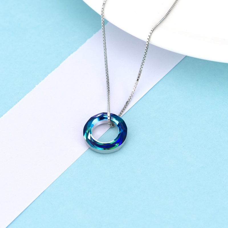 AOBOCO Circle Crystal Necklace 925 Sterling Silver Blue Crystal Pendant Necklace for Women with Austrian Crystals Jewelry for Women Christmas Birthday Holiday Gifts (Dia 0.55" Circle Blue) - Image 5