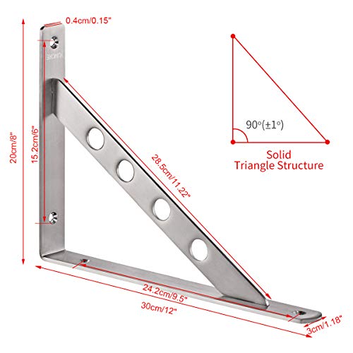 YUMORE Shelf Bracket 12", Stainless Steel Heavy Duty L Shaped Brackets Wall Mounted Floating Table Support with Hanging Holes Corner Brace 4mm Right Angle Joint Brackets, 2pcs, Max Load 400lbs - Image 3