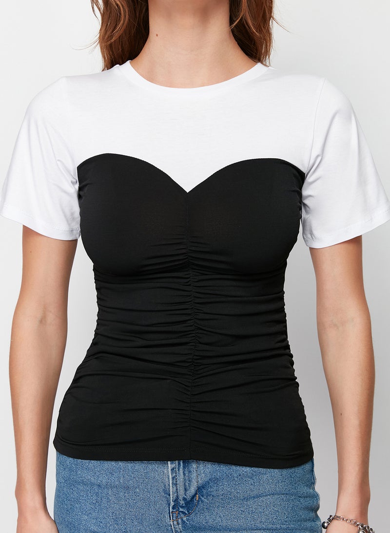 trendyol Color Blocked Fitted/Body-Fitted Short Sleeve Stretch Knitted Blouse with Shirring Detail TWOSS24BZ00421 - Image 4