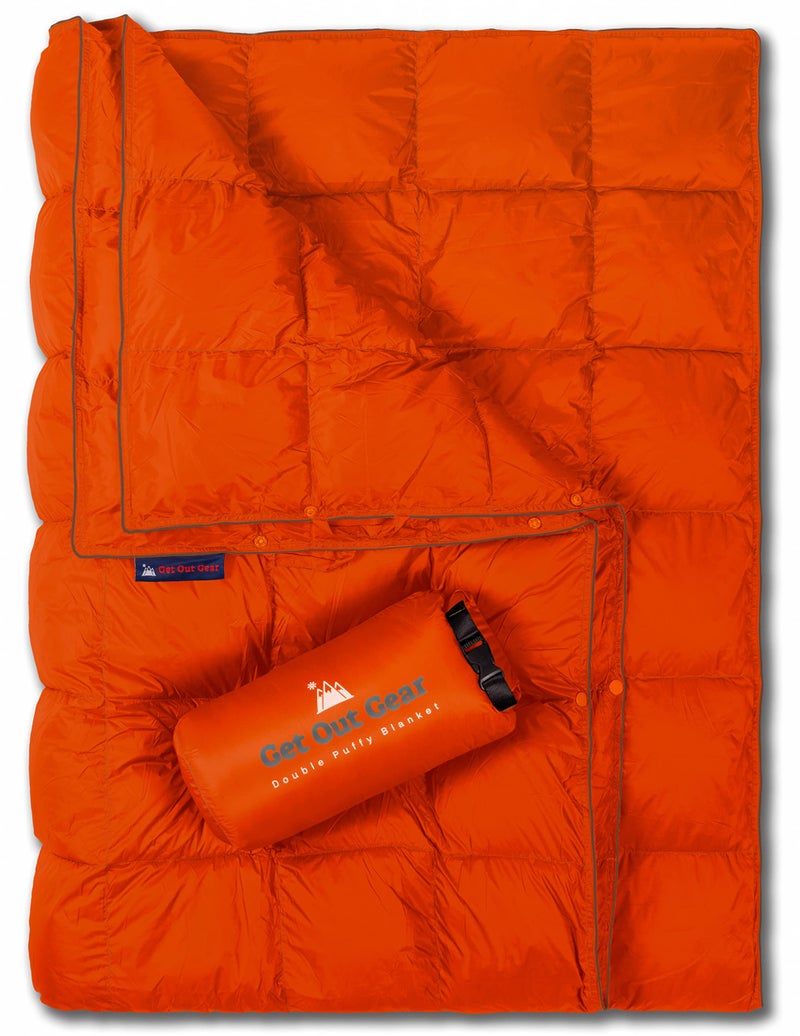 Get Out Gear Double Puffy Camping Blanket  Extra Puffy Packable Lightweight and Warm  Ideal for Outdoors Travel Stadium Festivals Beach Hammock  WaterResistant Camp Quilt OrangeGray