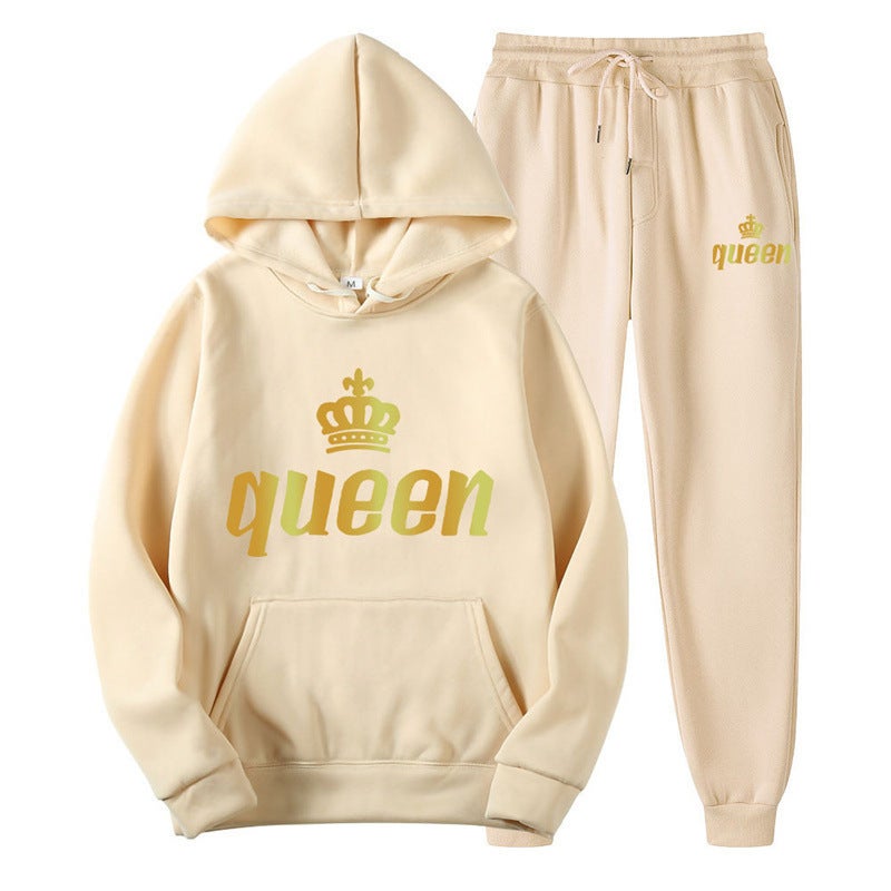 Couples Hoodie  Sweatpants Set Autumn Khaki-queen 