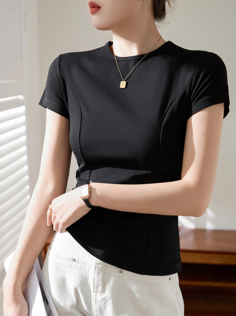 [Quality To Make High Quality] High-Bottom Design Pure Cotton T-Shirt Women'S Summer Short-Sleeved Slim-Fitting Top Bottoming Shirt - Image 2