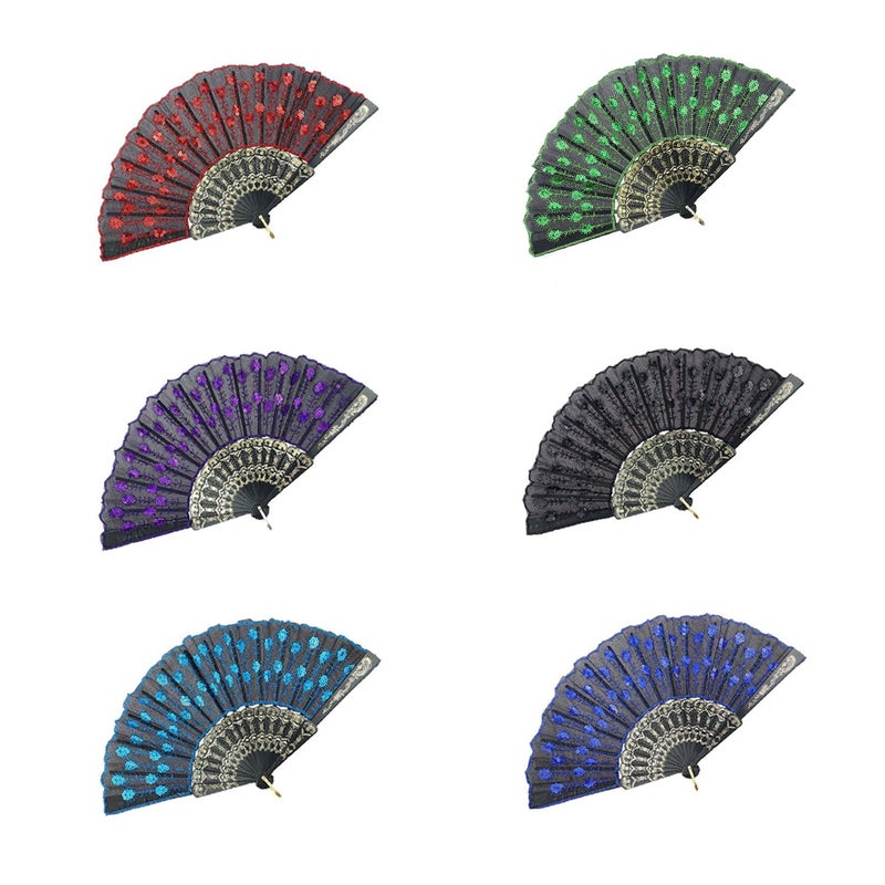 INNOLIFE Elegant Colorful Embroidered Flower Peacock Pattern Sequin Fabric Folding Handheld Hand Fan HandCrafted Full Set  6pcs Mixed Colors