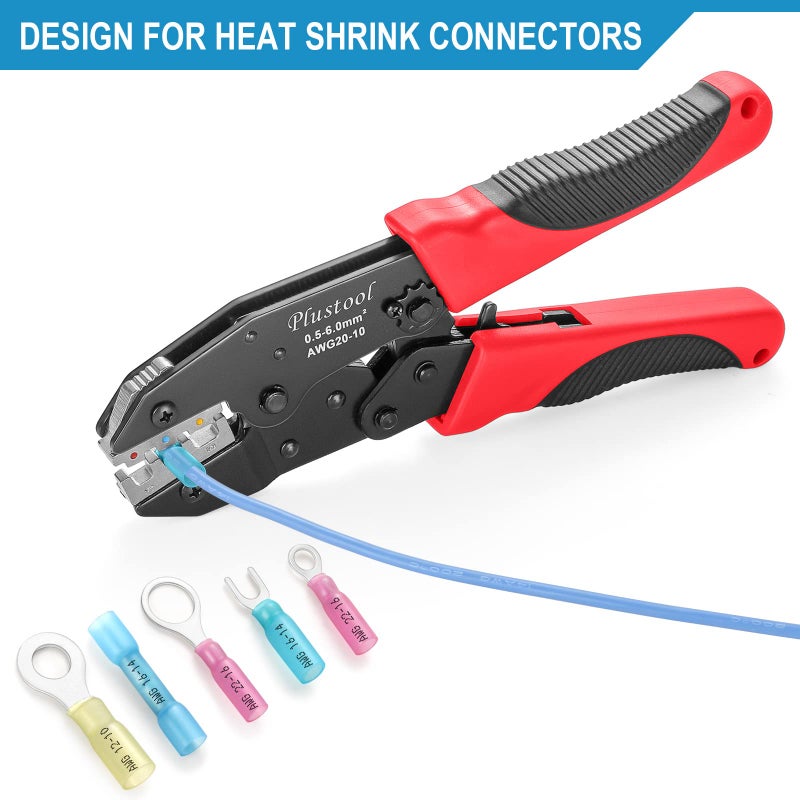 Plustool Crimping Tool for Heat Shrink Connectors AWG22-10, Ratcheting Wire Terminal Crimper - Crimping Pliers - Electrical Crimping Tool - Image 2