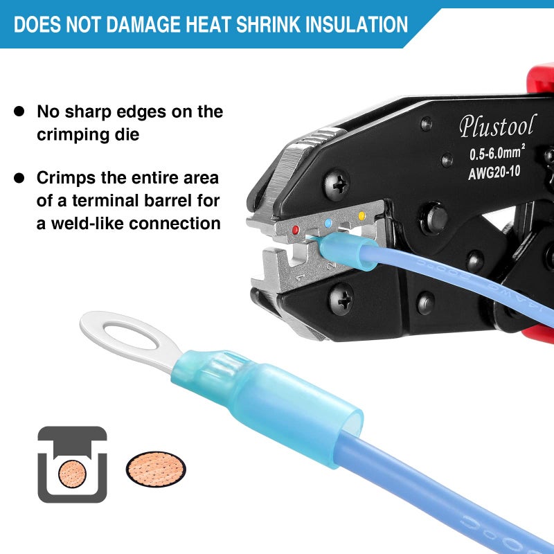 Plustool Crimping Tool for Heat Shrink Connectors AWG22-10, Ratcheting Wire Terminal Crimper - Crimping Pliers - Electrical Crimping Tool - Image 3