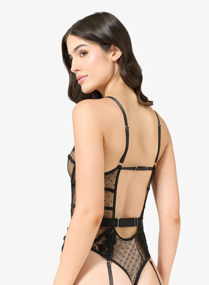 Ginger Sheer Lace Panel Bodysuit with Suspender