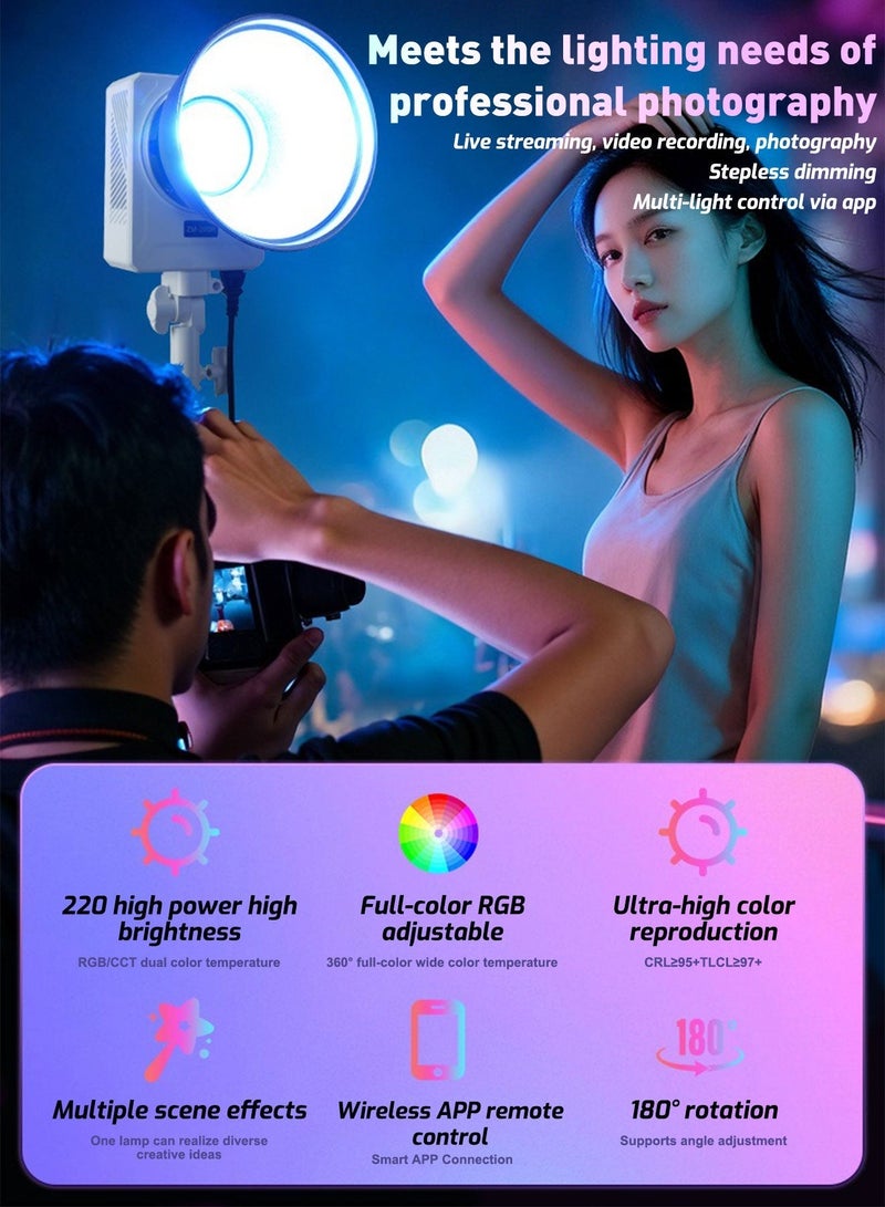 Glanfen 220W RGB LED Video Light with Standard Reflector, Protable COB Photography Lighting with Bowens Mount & APP Control, 2700K-6500K Bi-Color Full Color Studio Light, CRI 95+, 32 FX Effects for Live Streaming, YouTube, Portrait (White) - Image 2