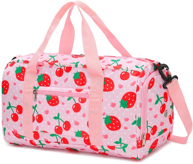 BTOOP Duffle Bag for Girls Kids Overnight Bags Cute Strawberry Cherry Dance Sports Bag Travel Tote with Shoe Compartment and Wet Pocket - Image 1