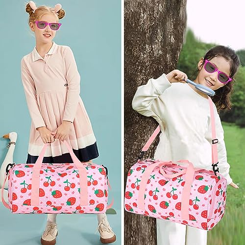 BTOOP Duffle Bag for Girls Kids Overnight Bags Cute Strawberry Cherry Dance Sports Bag Travel Tote with Shoe Compartment and Wet Pocket - Image 2