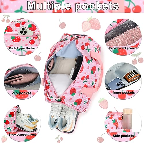 BTOOP Duffle Bag for Girls Kids Overnight Bags Cute Strawberry Cherry Dance Sports Bag Travel Tote with Shoe Compartment and Wet Pocket - Image 5