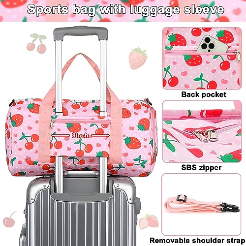 BTOOP Duffle Bag for Girls Kids Overnight Bags Cute Strawberry Cherry Dance Sports Bag Travel Tote with Shoe Compartment and Wet Pocket - Image 3