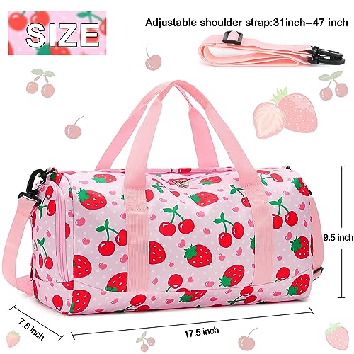 BTOOP Duffle Bag for Girls Kids Overnight Bags Cute Strawberry Cherry Dance Sports Bag Travel Tote with Shoe Compartment and Wet Pocket - Image 4