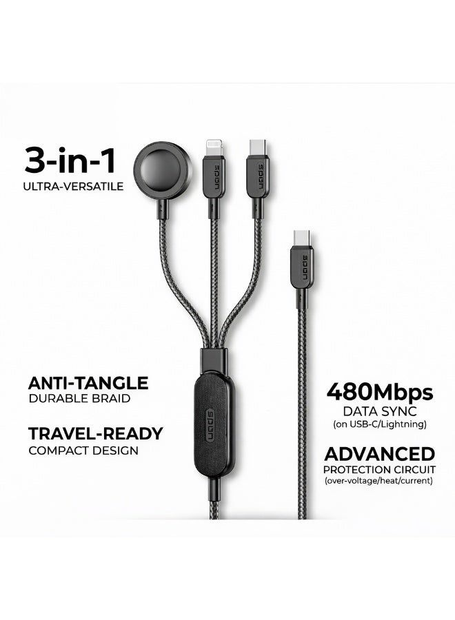 SPON 3-in-1 Fast Charging Cable 100W Max – USB-C / Lightning / Magnetic Watch Charger – Durable Braided Design – Multi Device Support - Image 1