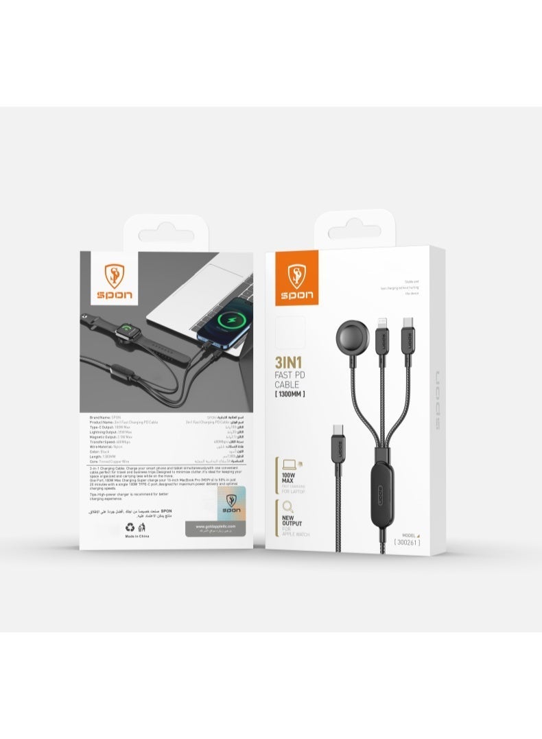 SPON 3-in-1 Fast Charging Cable 100W Max – USB-C / Lightning / Magnetic Watch Charger – Durable Braided Design – Multi Device Support - Image 2